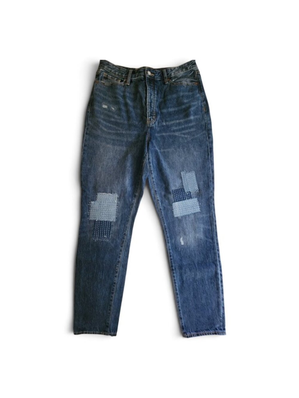 Old Navy High-Waisted Button-Fly OG Straight Patchwork Non-Stretch Jeans 14 Tall